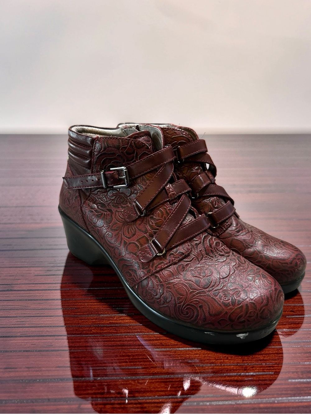 Alegria Burgundy Floral Embossed Ankle Booties with Straps YT14